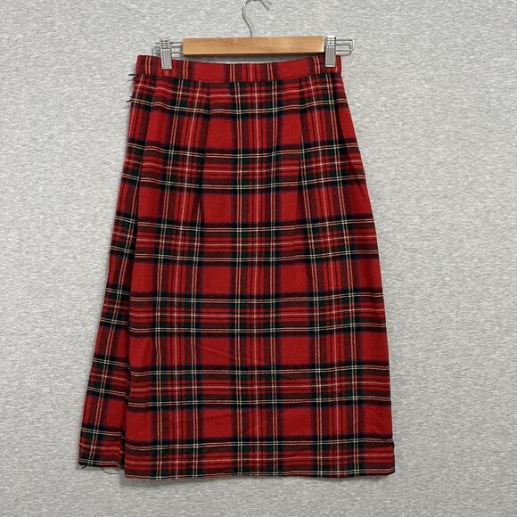 Vintage Kilt Plaid Skirt Womens Size 9 26W Red Tartan Button Wrap Wool Blend 90s - Picture 2 of 12